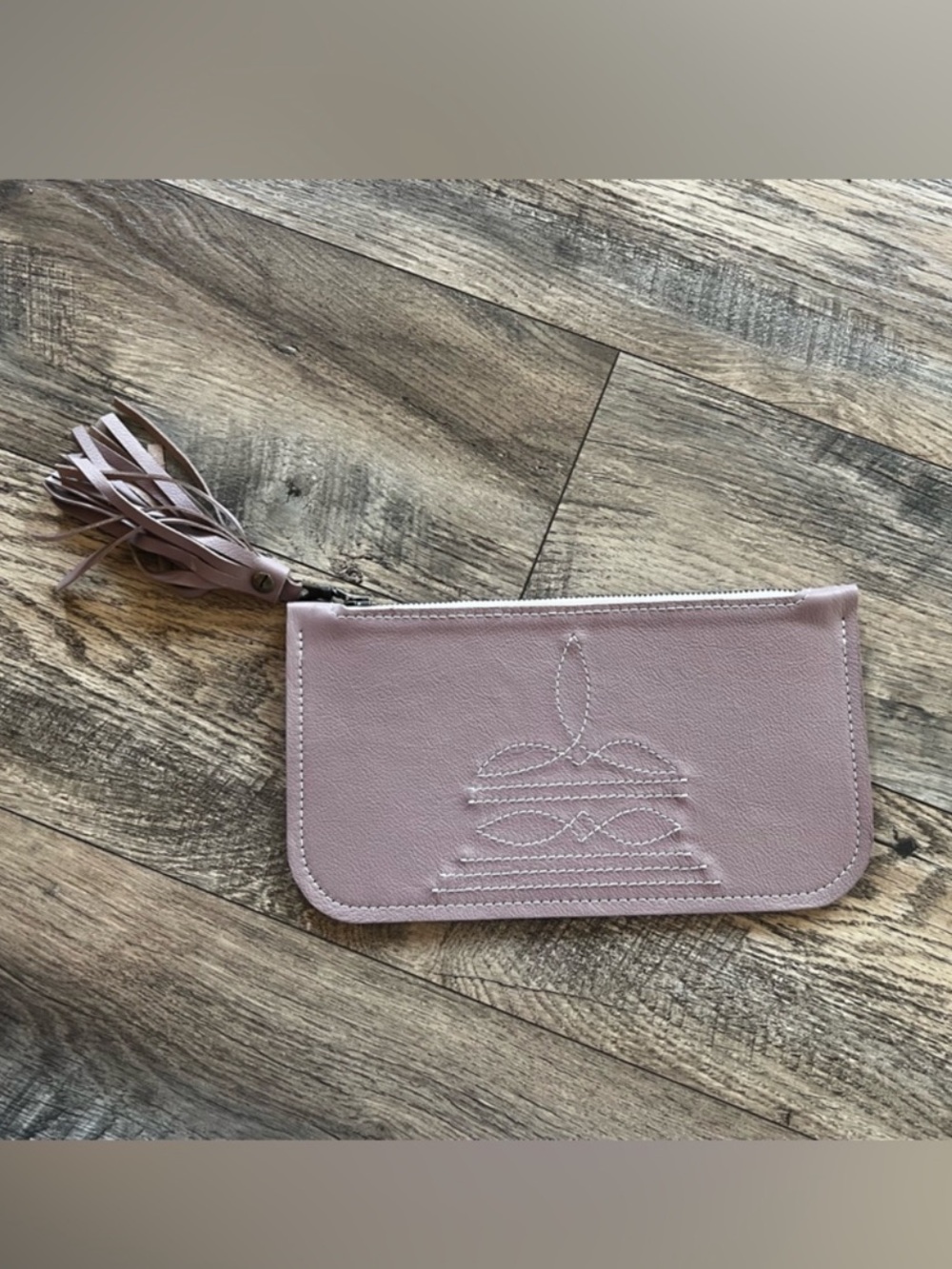 Brand new genuine leather blush pink boot stitched tassel zipper clutch 🎀
